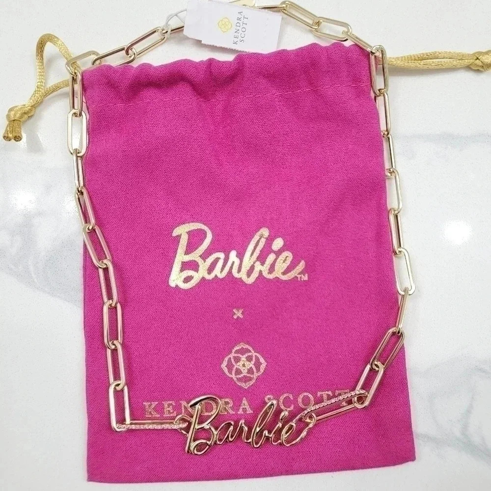 NWT Barbie x Kendra Scott Gold Link and Chain Necklace in Pink Crystal